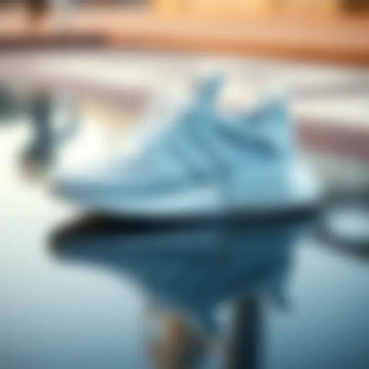 Elegant white sports shoes on a reflective surface