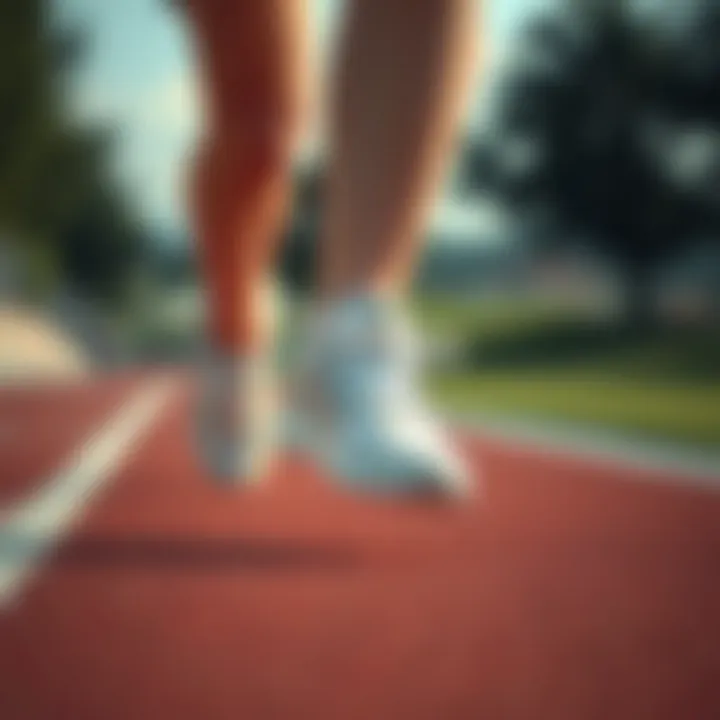 Running on a track wearing the white Adidas shoes