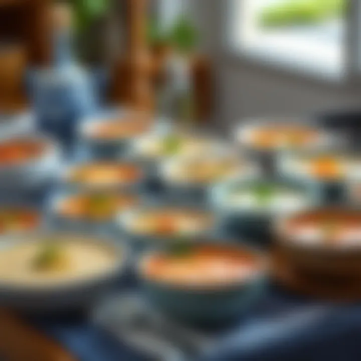 An assortment of different unsweetened soup recipes displayed on a table