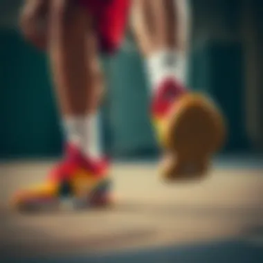 Athlete in Action with Two-Color Sneakers An athlete demonstrating agility while wearing vibrant two-color basketball sneakers.