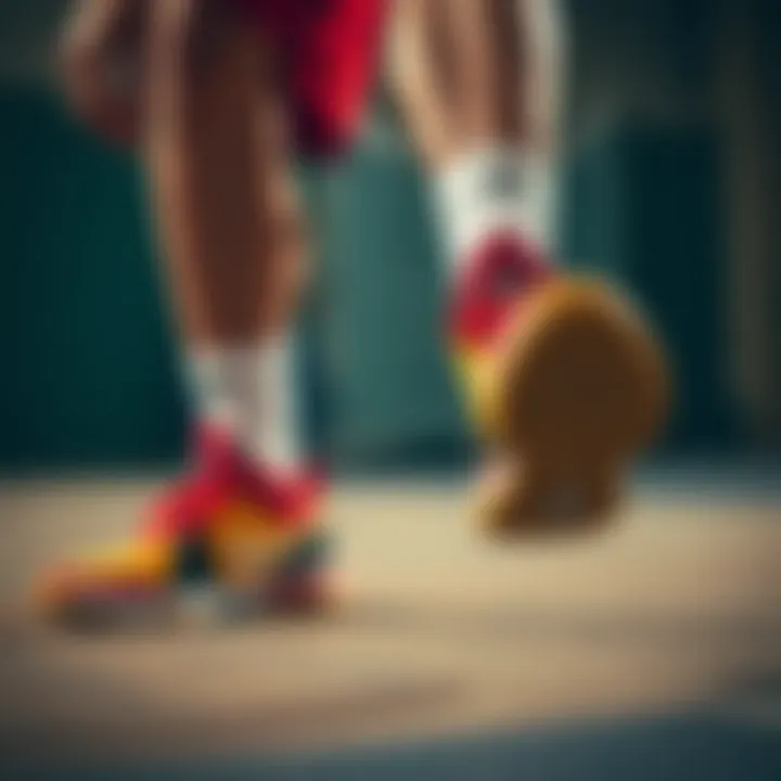 Athlete in Action with Two-Color Sneakers An athlete demonstrating agility while wearing vibrant two-color basketball sneakers.