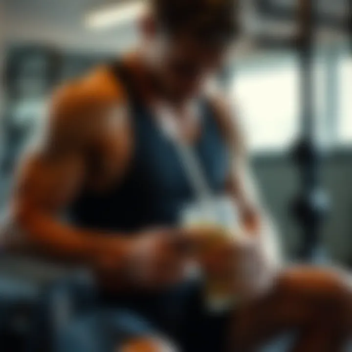 Pre-Workout Gainer Preparation An athlete preparing for a workout session with protein shakes