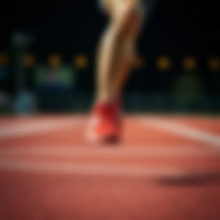 An athlete running in red New Balance sneakers on a track