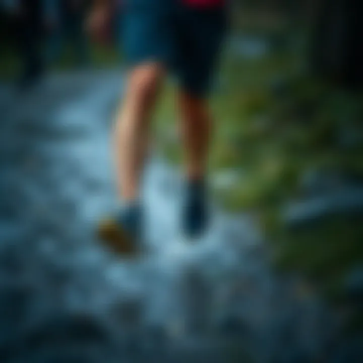 Athlete running on a wet trail wearing waterproof shoes