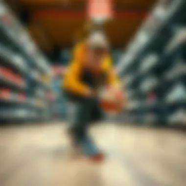 A child trying on basketball shoes in a sports store