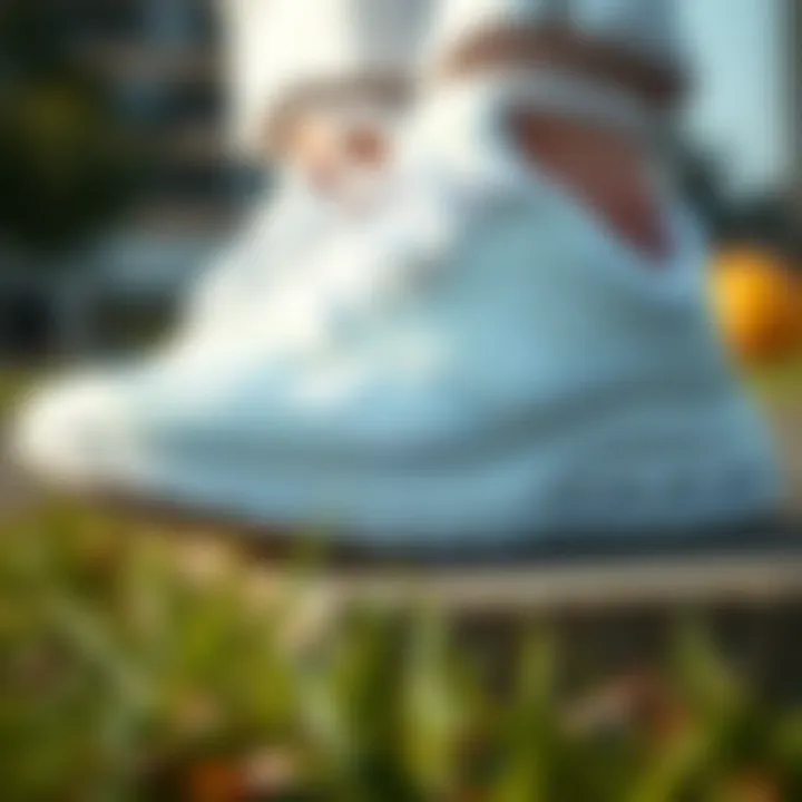 Close-up of cushioning technology in white running shoes for comfort.
