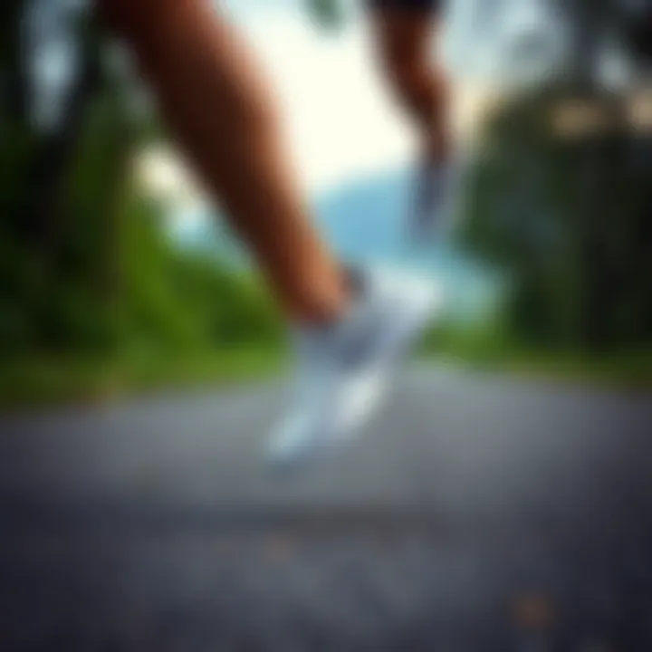 A runner in motion wearing white running shoes on a scenic path.