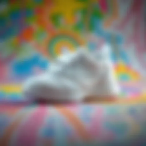 Stylish white baby sports shoes on a colorful background