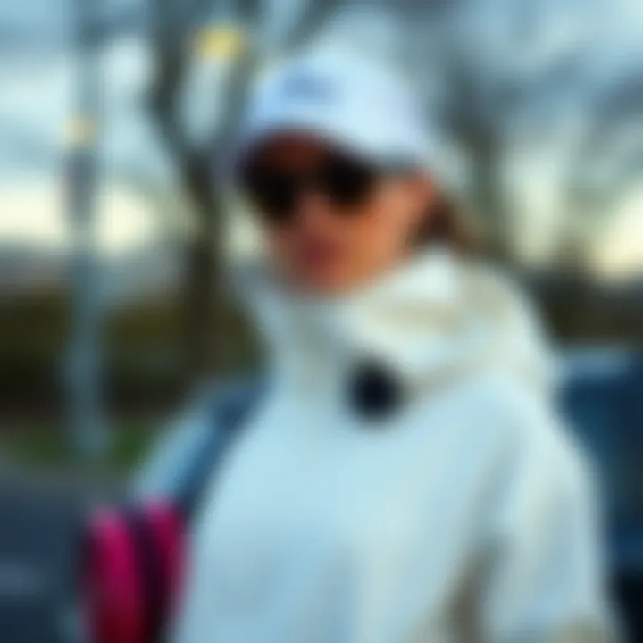 Fashionable outfit combining white tech fleece with accessories