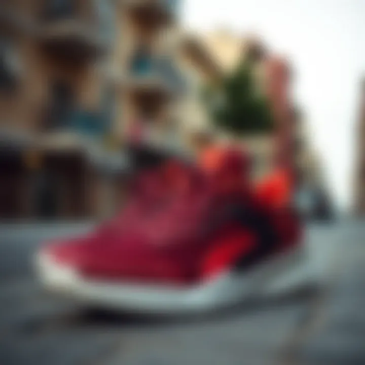 Casual Sport Shoes in Urban Setting A stylish pair of casual sport shoes showcased on an urban street.