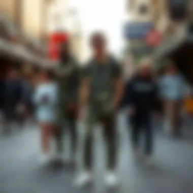 A vibrant street scene with individuals wearing Converse camouflage outfits.