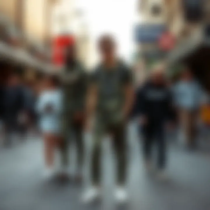A vibrant street scene with individuals wearing Converse camouflage outfits.