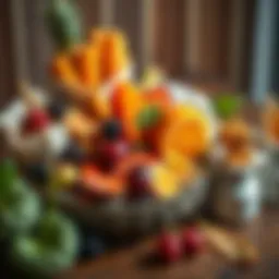 Colorful array of healthy snacks on a wooden table.