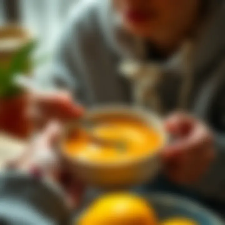A person enjoying a warm bowl of healthy unsweetened soup