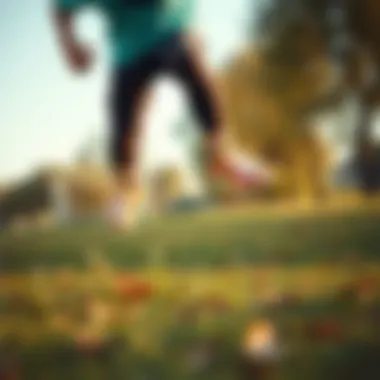 A child running in a park wearing vibrant sneakers