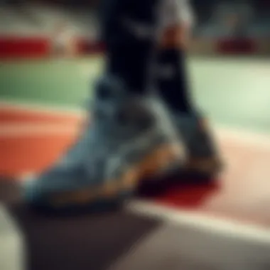 A stylish pair of basketball shoes on a court surface