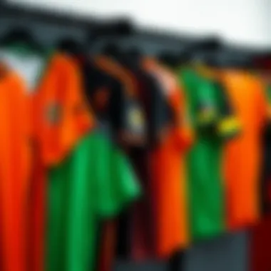 A collection of trending goalkeeper jerseys displayed on a rack.