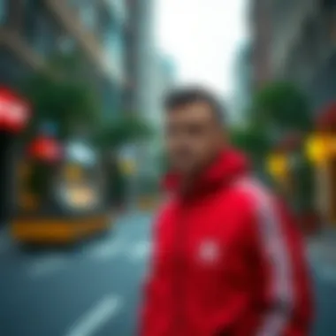 Man wearing red Adidas tracksuit in an urban setting