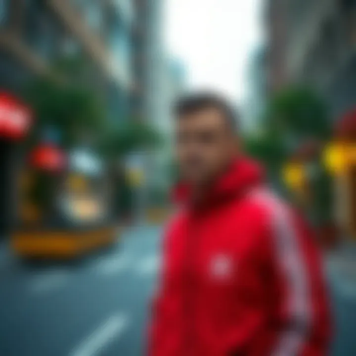 Man wearing red Adidas tracksuit in an urban setting