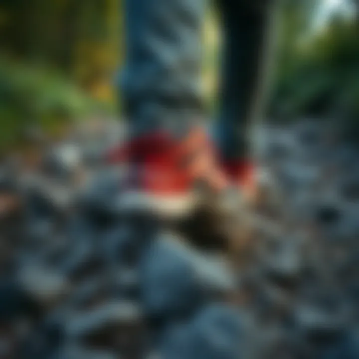 Merrell hiking shoes on a rocky trail surrounded by nature