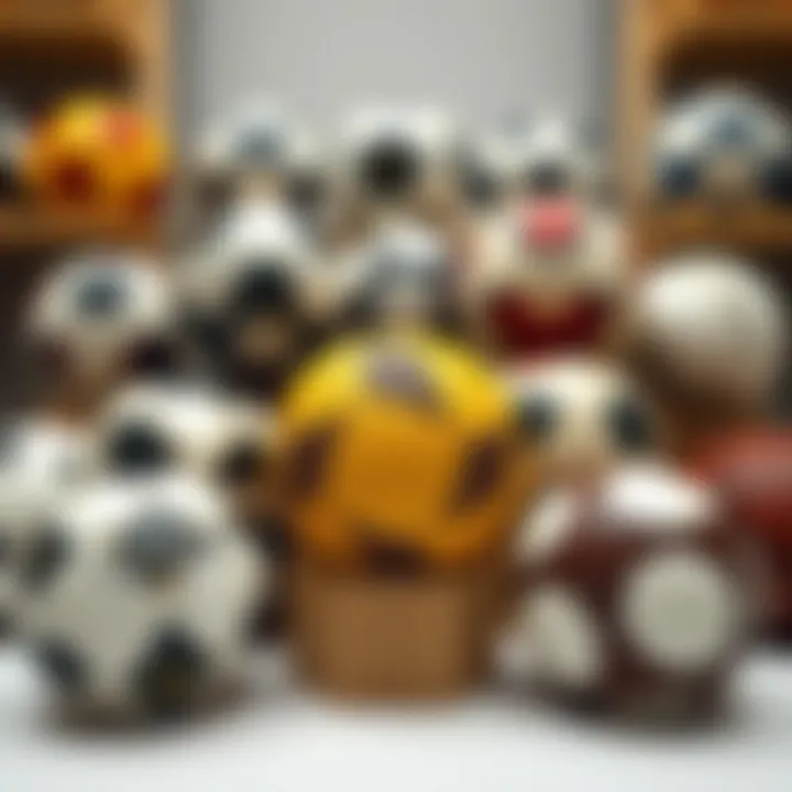 Display of various types of Minsa footballs arranged aesthetically