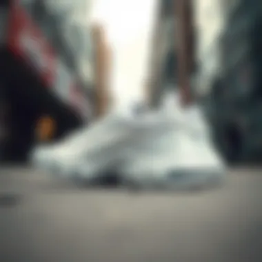 Nike White Bots in a Dynamic Urban Setting Nike white bots showcased in a dynamic urban setting