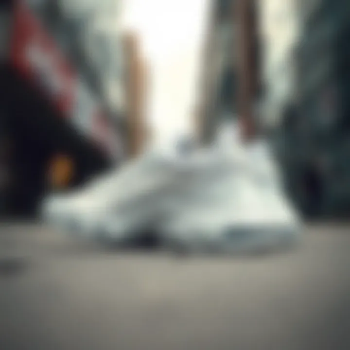 Nike White Bots in a Dynamic Urban Setting Nike white bots showcased in a dynamic urban setting