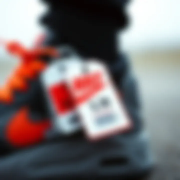 Close-up of Nike shoes with price tags