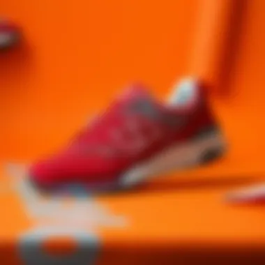 Stylish red New Balance sneakers displayed on a vibrant background