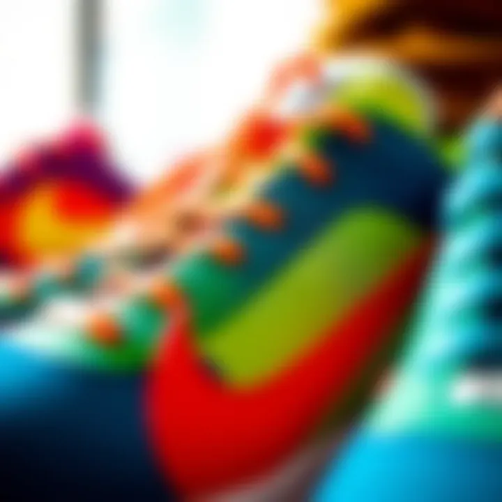 A close-up view of Nike's unique design features in vibrant sports shoes.