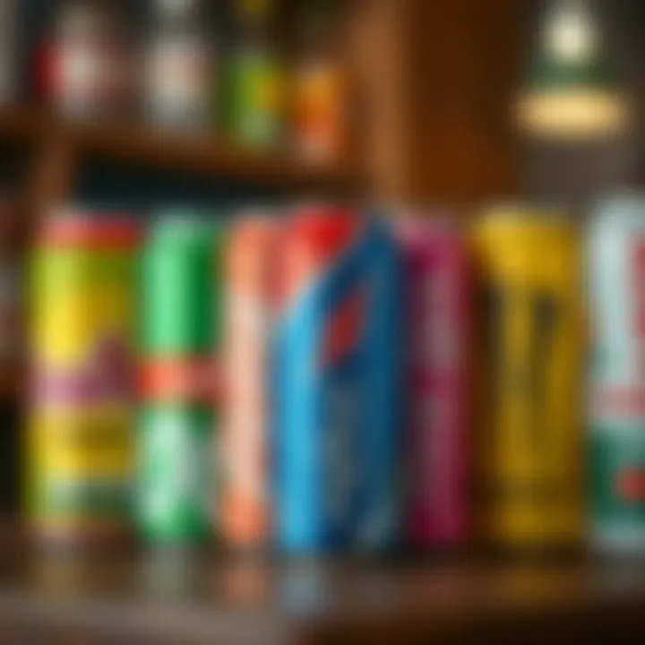 A selection of energy drinks lined up on a table