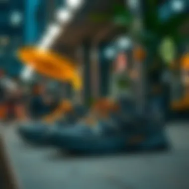 Stylish Merrell shoes on display in a trendy urban environment