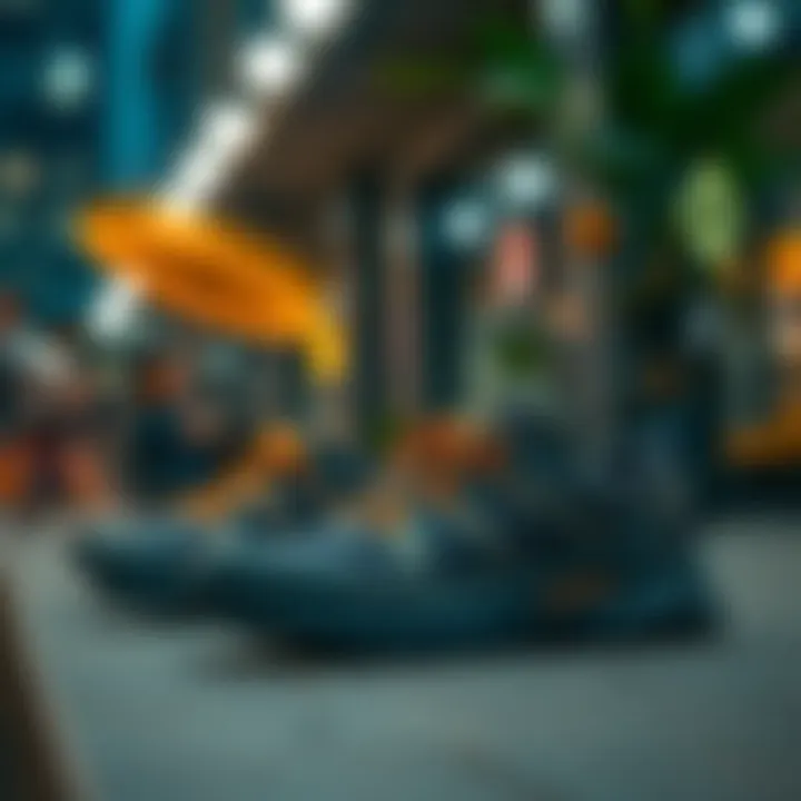 Stylish Merrell shoes on display in a trendy urban environment