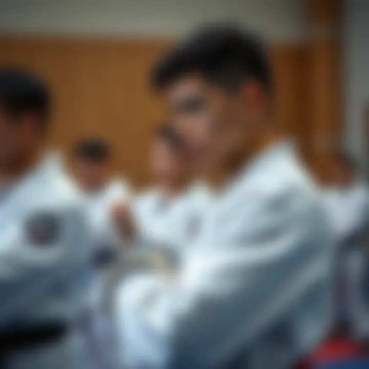 A group of Taekwondo athletes engaged in a focused training session