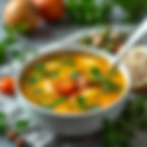 A healthy bowl of unsweetened vegetable soup garnished with fresh herbs