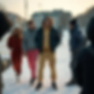 A winter scene with individuals wearing stylish sweatpants